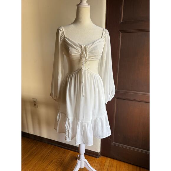 PRINCESS POLLY | Natasha White Ruffle Hem Balloon Sleeve Open Back Dress Size 4 - Picture 2 of 7